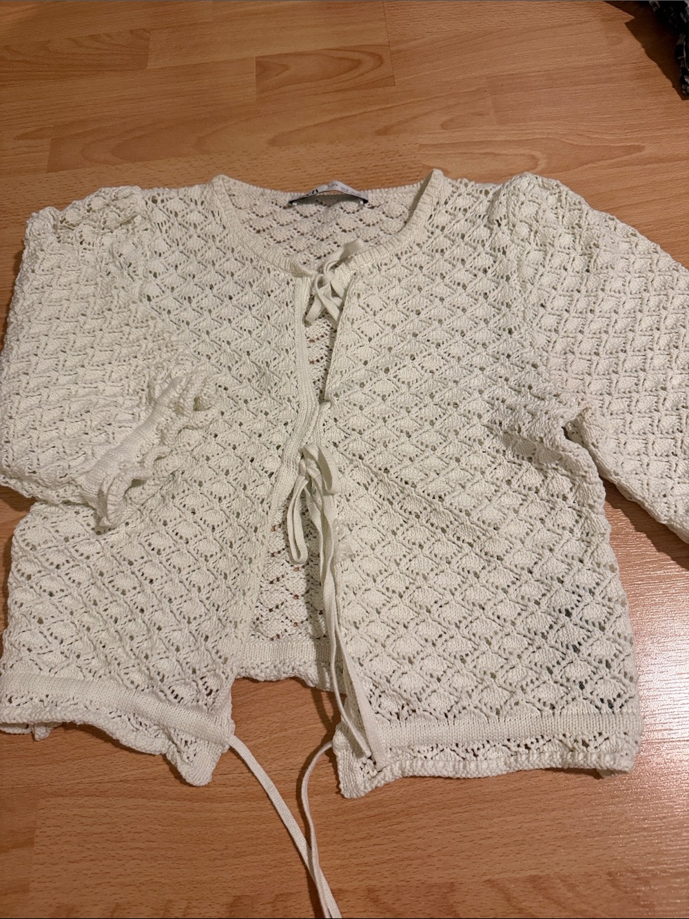 Zara Cream Openwork Crochet Tie-Front Knit Cardigan